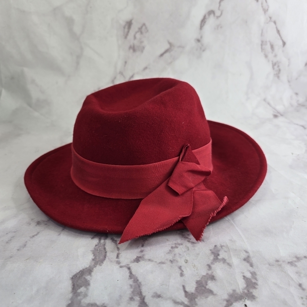 Sonnie San Francisco Hat Red Women Small Wool Wide Brim Fedora Packable Ribbon